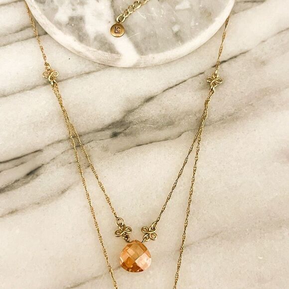 Liz Claiborne Crystal Multilayer Necklace Peach Pink Gold Toned Metal - Picture 3 of 6